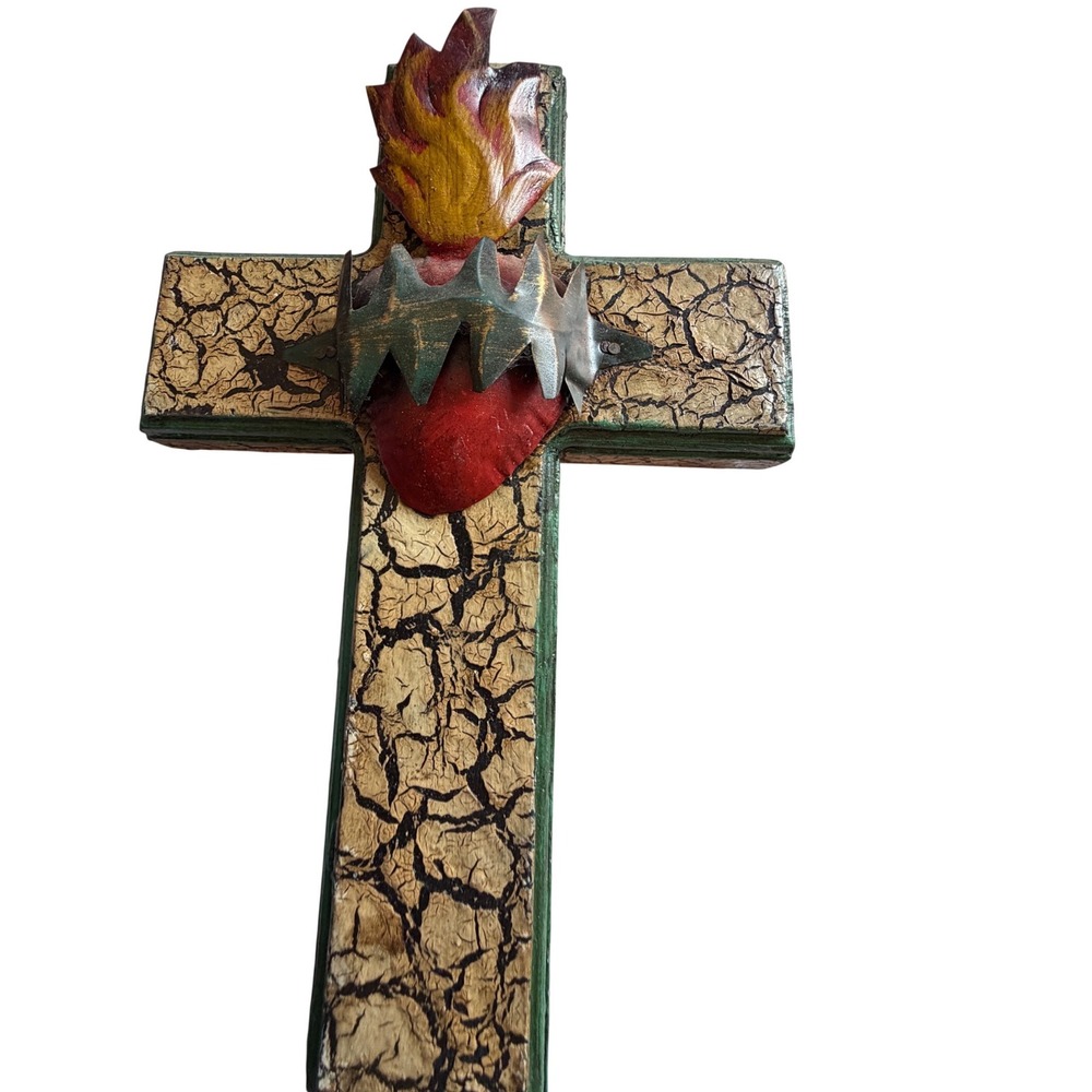Sacred Heart Wooden Wall Cross Crackle Finish Metal Crown of Thorns Folk Art 10"